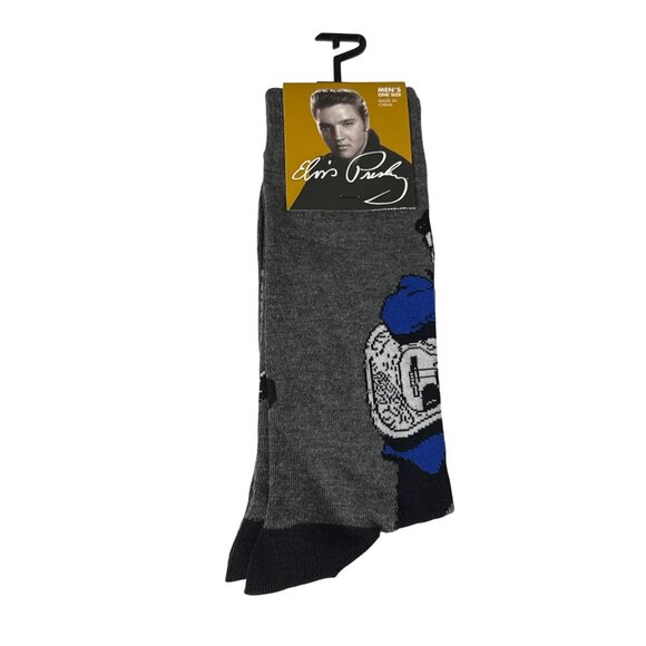Elvis Presley Graphic Crew Socks Men Gray Blue Music Icon Novelty NWT - Picture 1 of 2